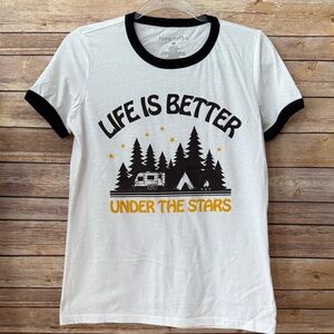 Love Tribe White Tee with Camping Stars Graphic
